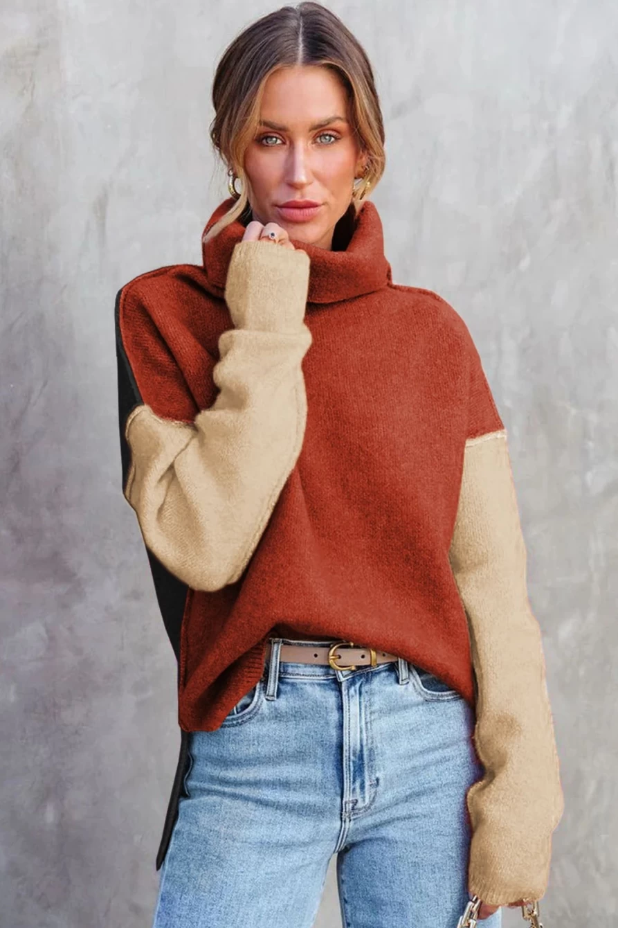 Shewin Women's Clay Red Color Block Drop Shoulder Turtleneck Sweater