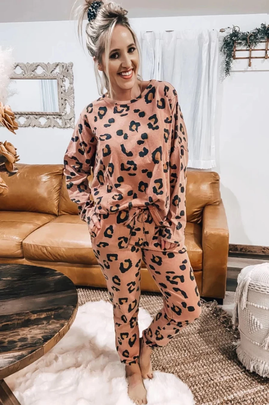 Shewin Women's Leopard Print Apricot Pink Long Sleeve Top & Drawstring Pants Set