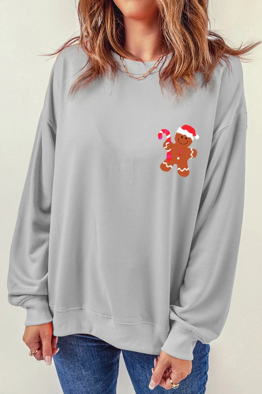 Shewin Women's Gray Christmas Gingerbread Graphic Crewneck Sweatshirt - Festive Holiday Pullover