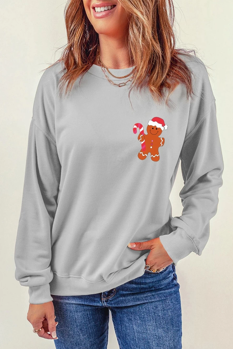 Shewin Women's Gray Christmas Gingerbread Graphic Crewneck Sweatshirt - Festive Holiday Pullover