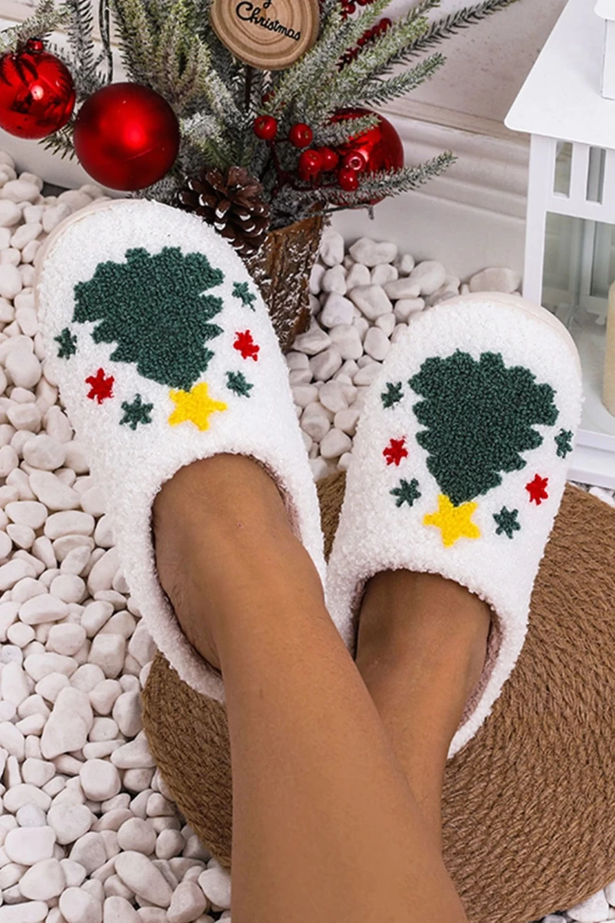 Shewin Women's White Fuzzy Christmas Tree Pattern Cozy Home Slippers