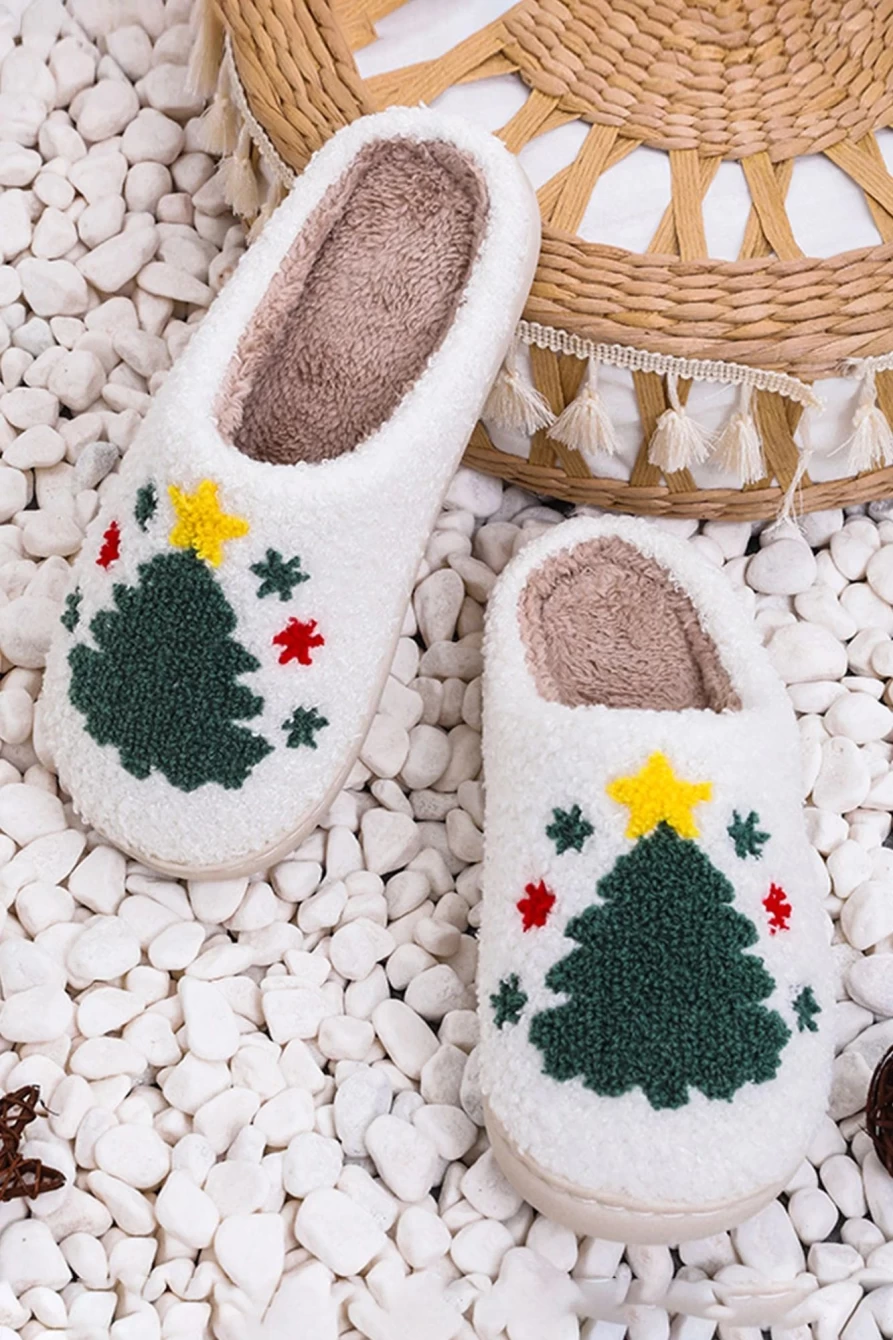 Shewin Women's White Fuzzy Christmas Tree Pattern Cozy Home Slippers