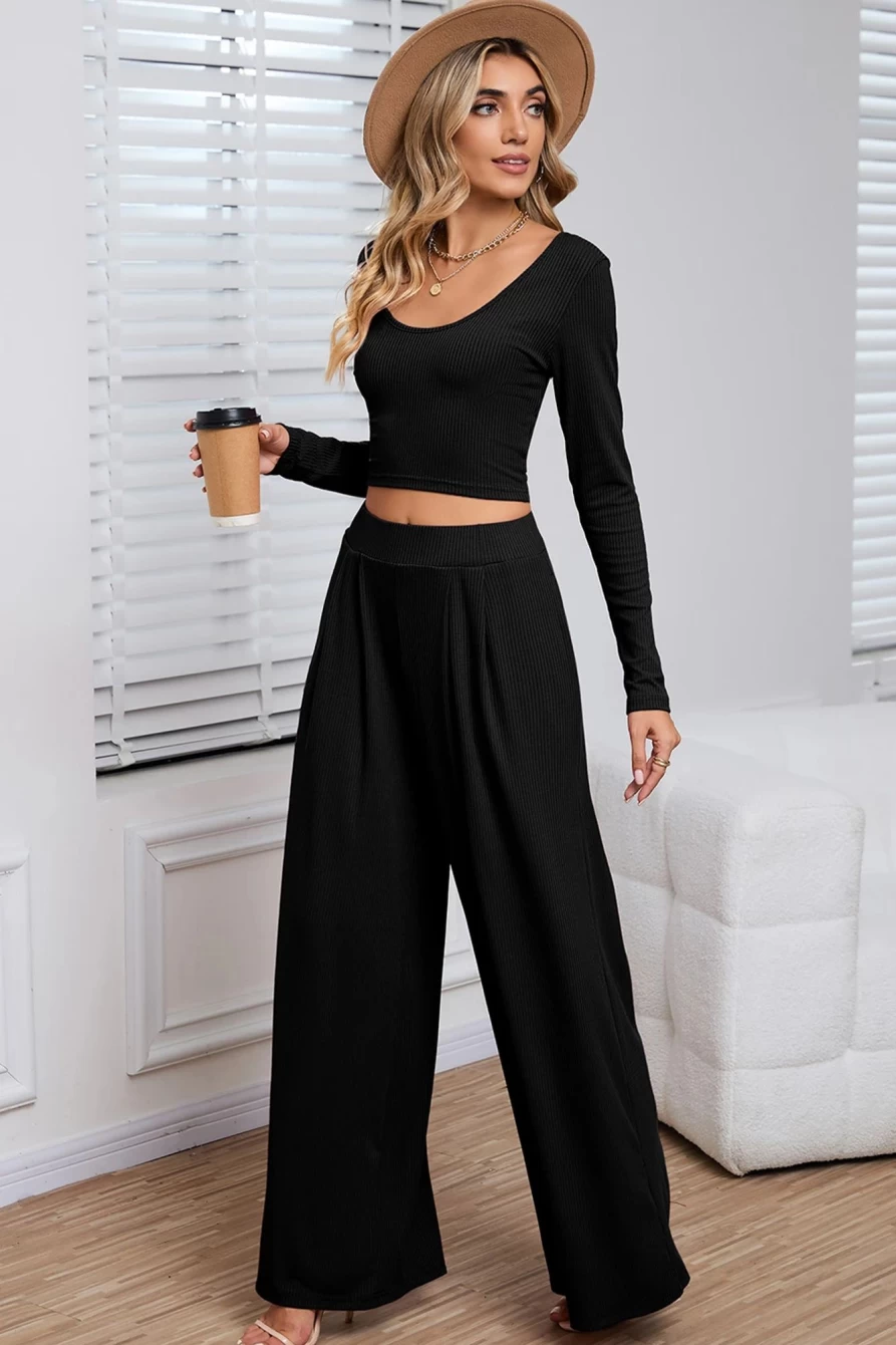 Shewin Women's Black Ribbed Crop Top & Wide Leg Pants Two-Piece Set