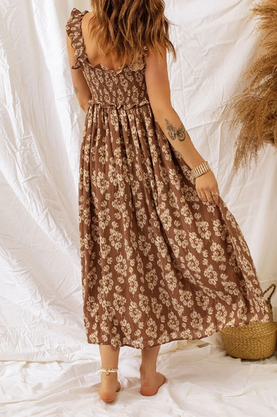 Shewin Women's Brown Floral Print Smocked Maxi Dress with Ruffle Straps