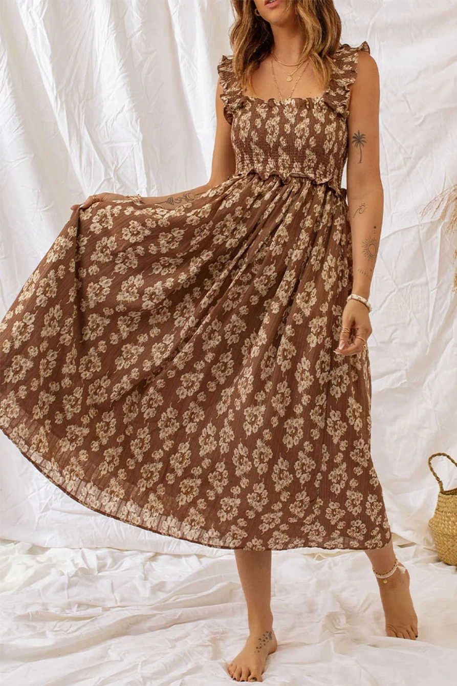 Shewin Women's Brown Floral Print Smocked Maxi Dress with Ruffle Straps
