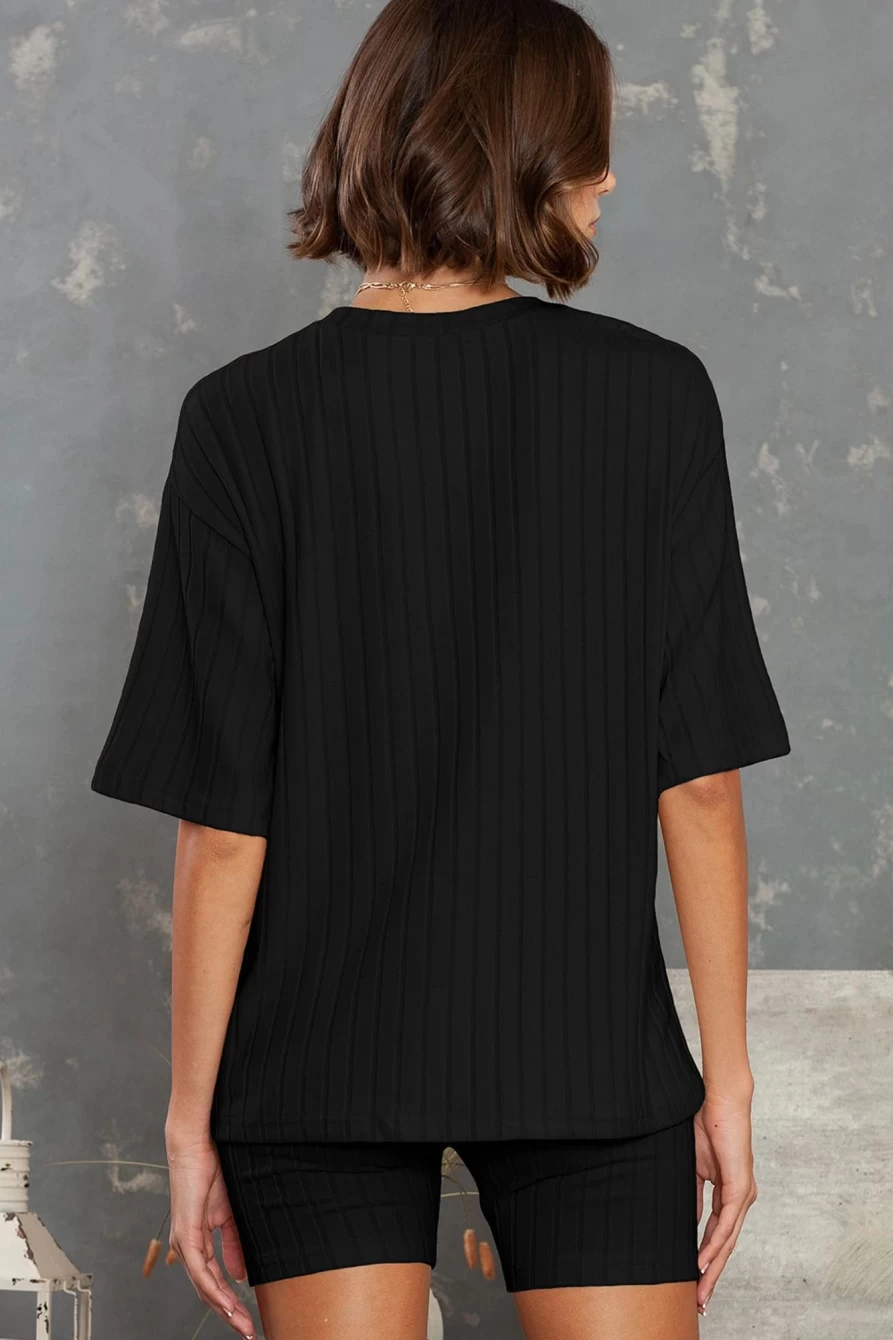 Shewin Women's Black Ribbed Knit Drop Shoulder T-Shirt & Shorts Two-Piece Set