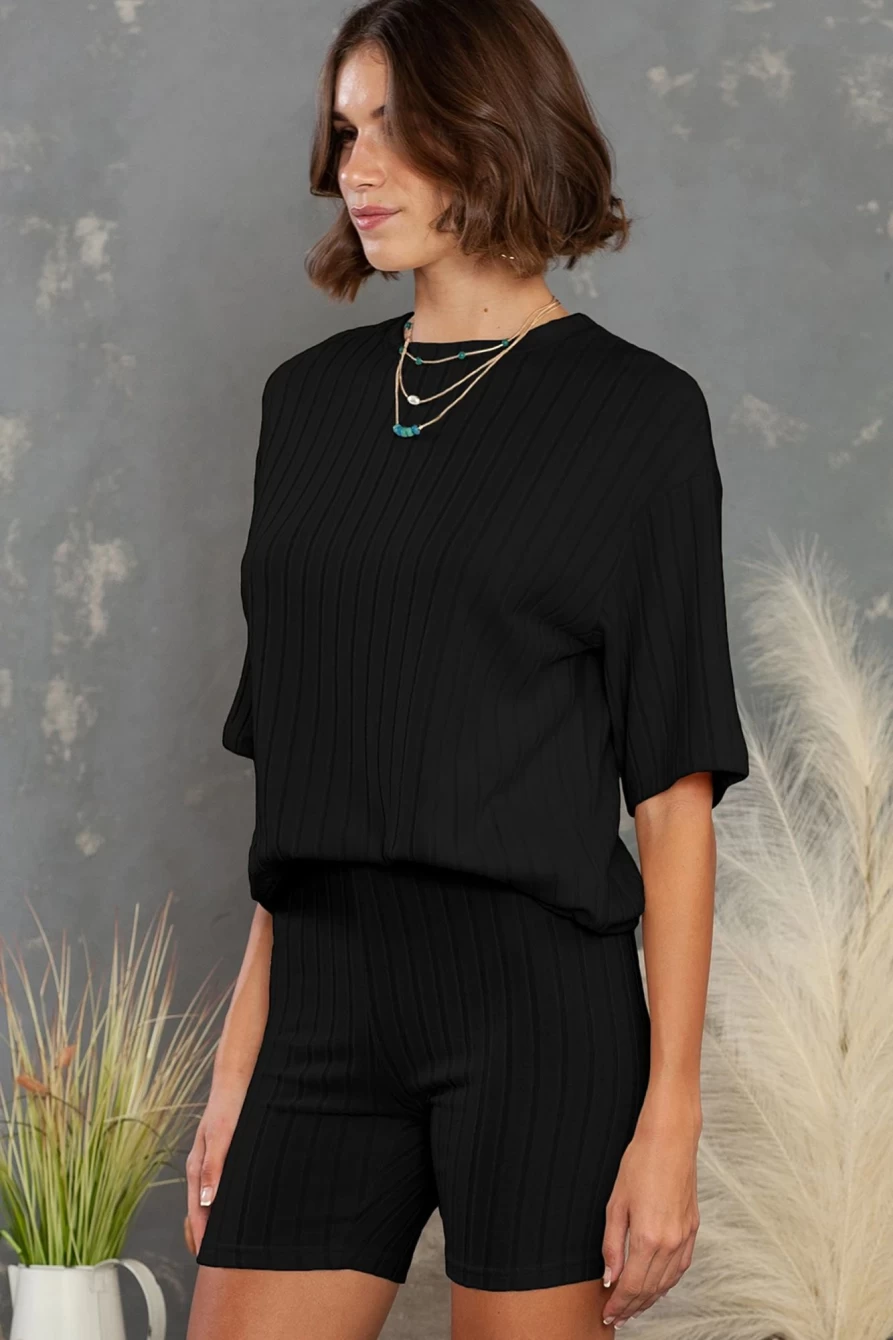 Shewin Women's Black Ribbed Knit Drop Shoulder T-Shirt & Shorts Two-Piece Set