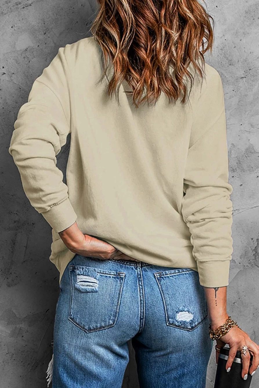 Women's Khaki Pumpkin Print "Give Thanks" Graphic Crewneck Sweatshirt - Shewin