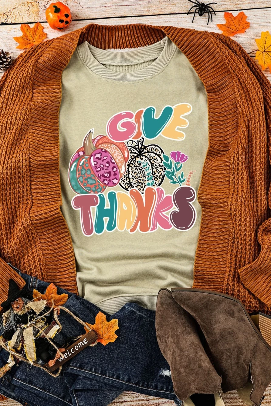 Women's Khaki Pumpkin Print "Give Thanks" Graphic Crewneck Sweatshirt - Shewin