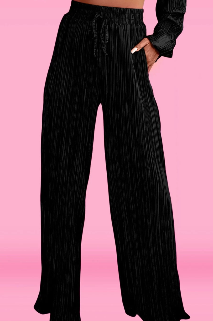 Shewin Women's Black Pleated Long Sleeve Shirt & Wide Leg Pants Set
