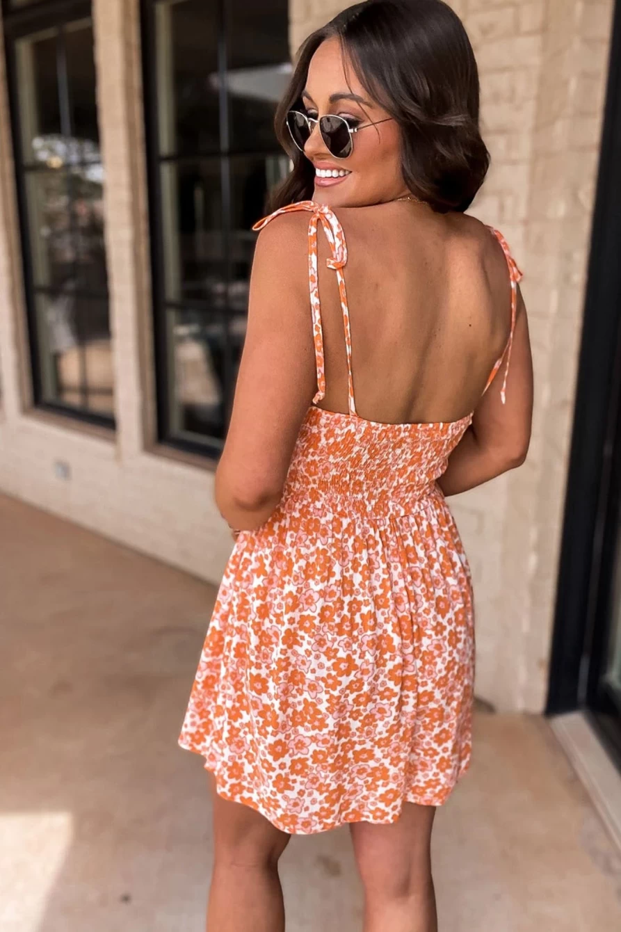 Shewin Women's Orange Boho Floral Print Shirred Romper with Thin Straps
