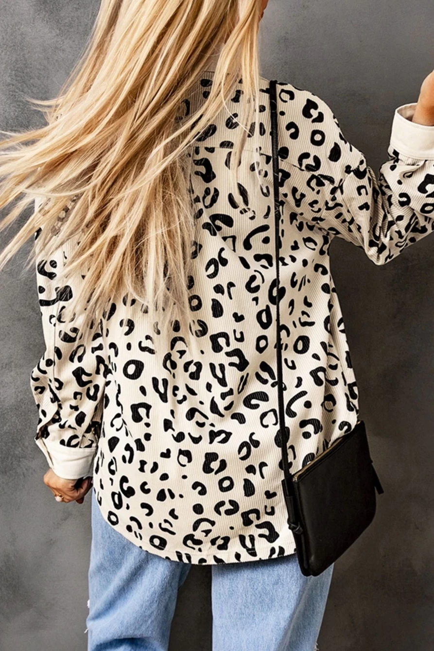 Shewin Women's Apricot Corduroy Shacket with Leopard Collar & Flap Pockets
