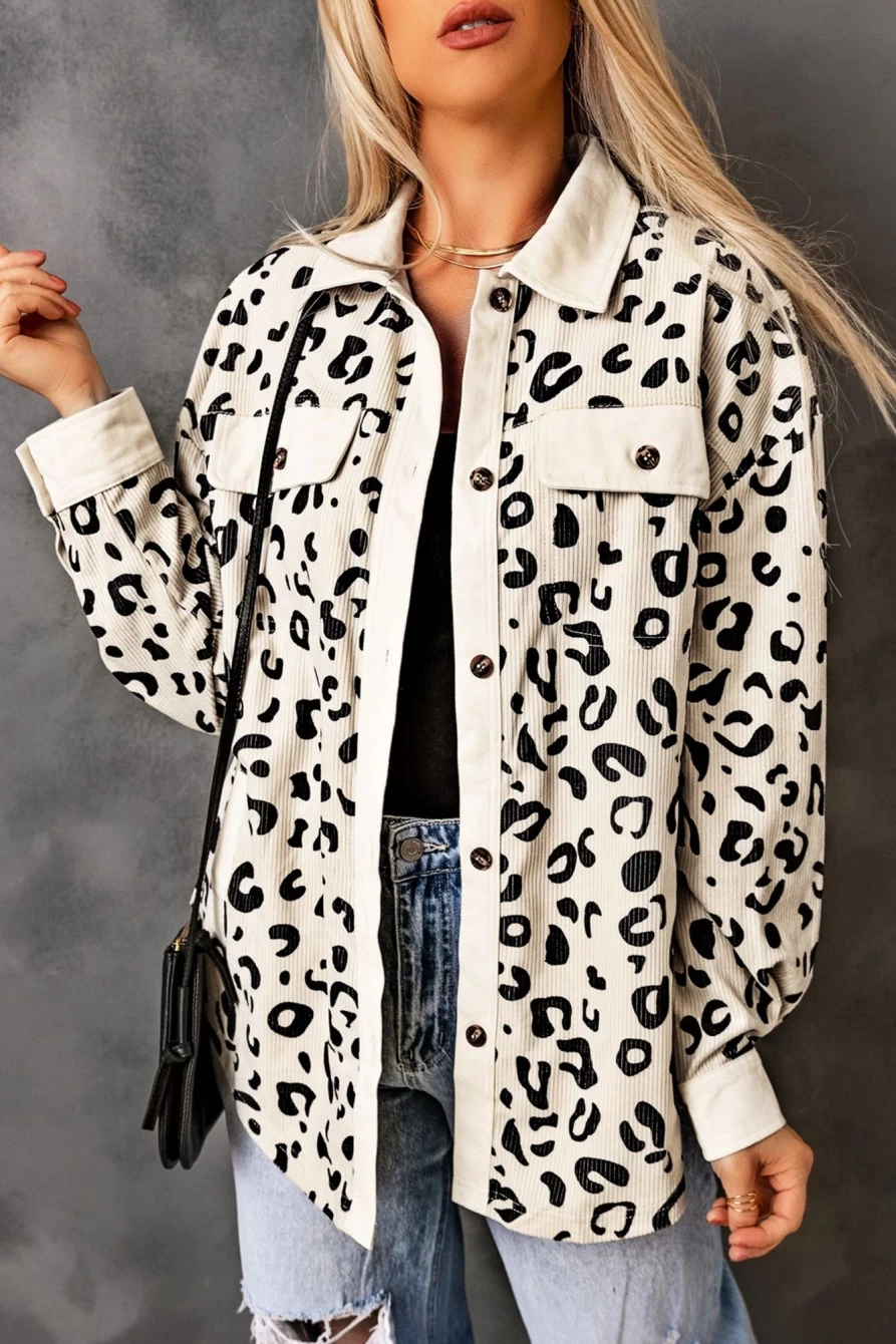 Shewin Women's Apricot Corduroy Shacket with Leopard Collar & Flap Pockets