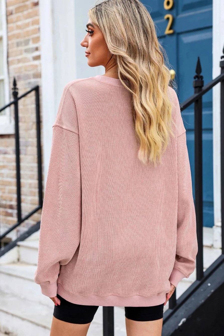 Shewin Women's Pink Corded Love Chenille Patch Graphic Sweatshirt