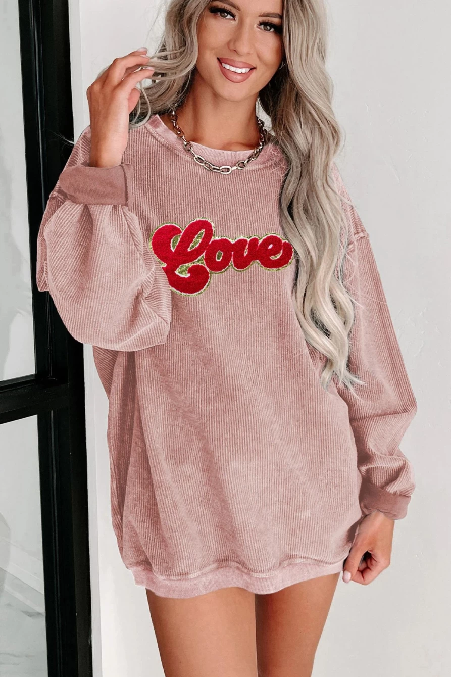 Shewin Women's Pink Corded Love Chenille Patch Graphic Sweatshirt