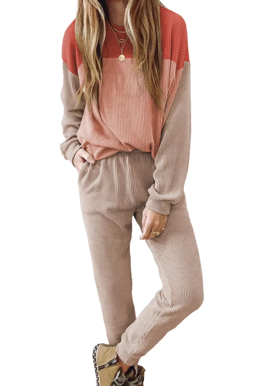 "SheWin Women's Red Colorblock Slouchy Top & Pants Set - Stylish Corded Outfit"