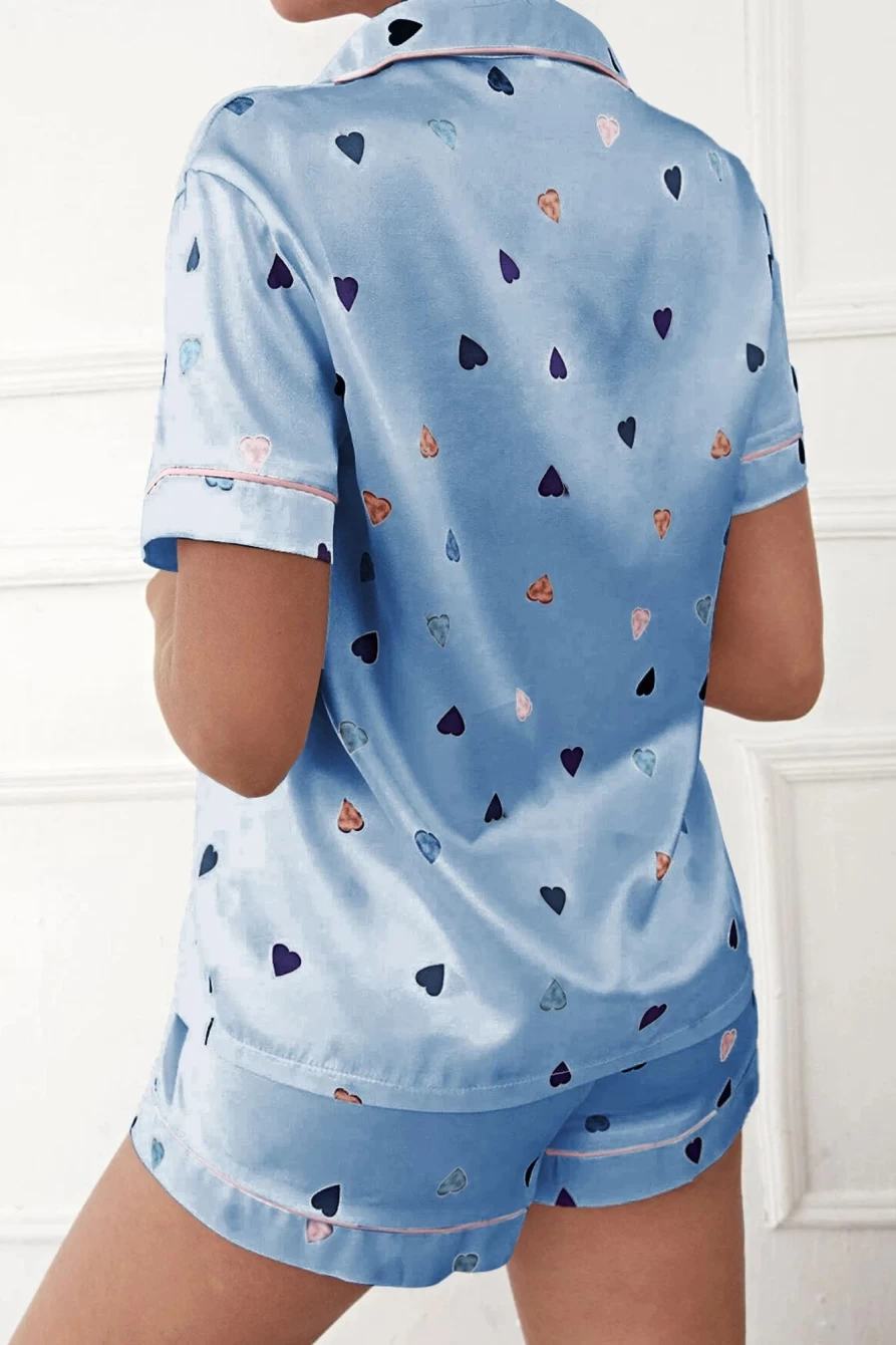"SheWin Women's Sky Blue Heart Print Lounge Set - Pocket Shirt & Elastic Shorts"