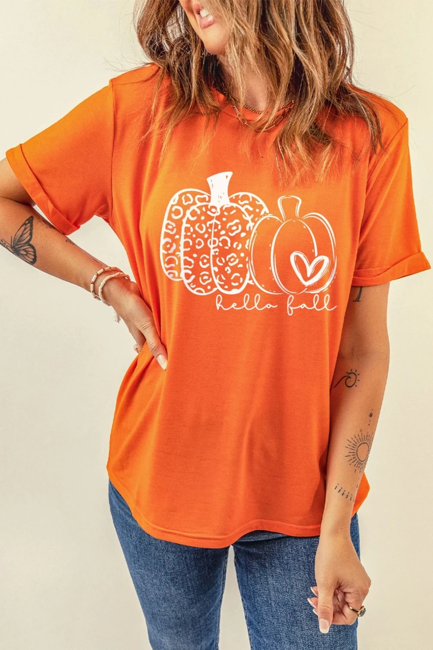 Shewin Women's Orange Pumpkin Print Crew Neck T-Shirt