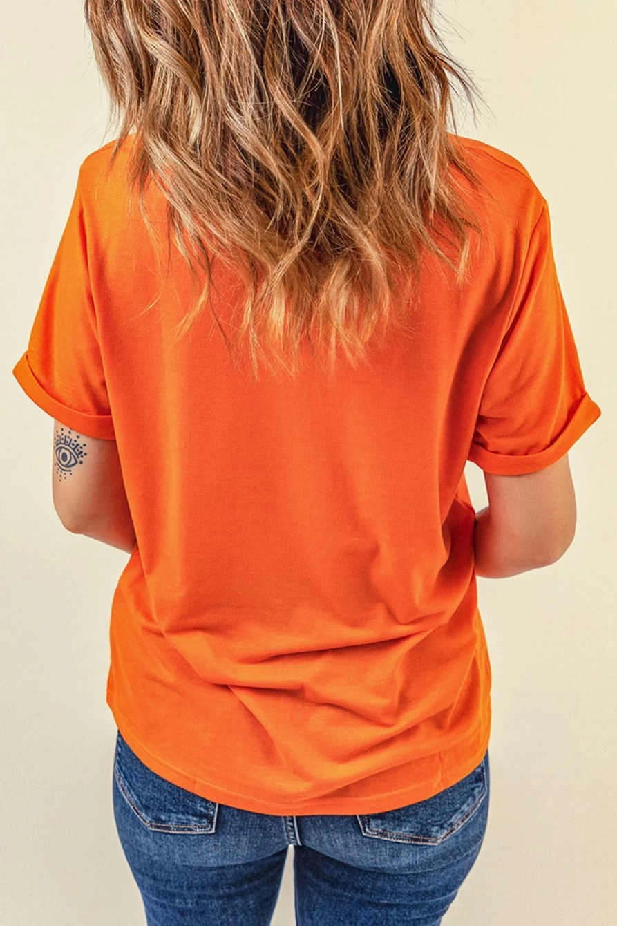 Shewin Women's Orange Pumpkin Print Crew Neck T-Shirt