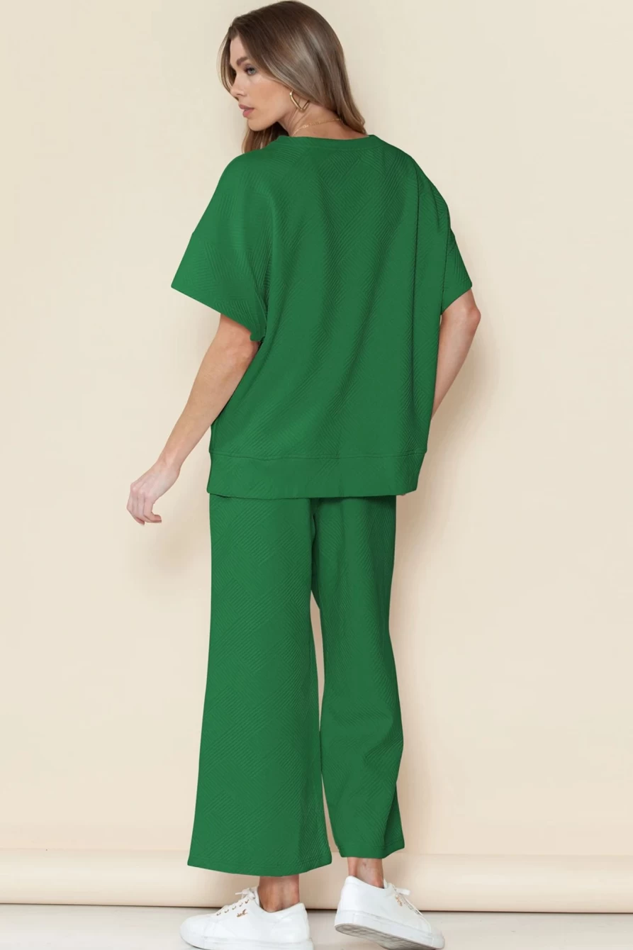 Shewin Women's Dark Green Textured Loose Fit T-Shirt & Drawstring Pants Set