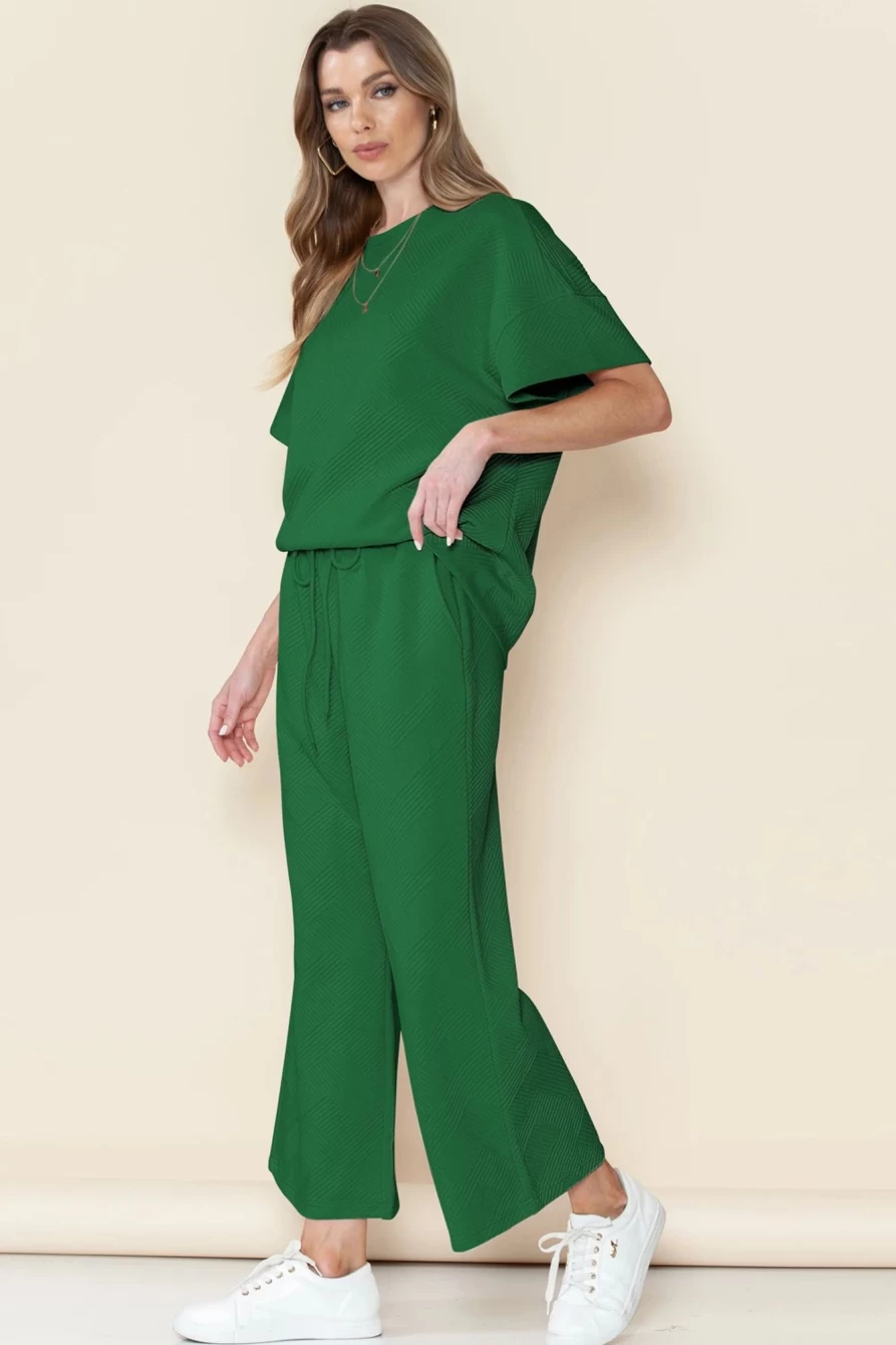 Shewin Women's Dark Green Textured Loose Fit T-Shirt & Drawstring Pants Set