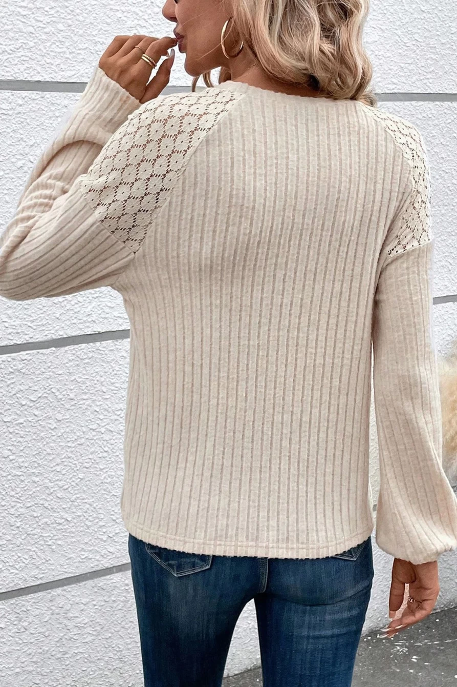 Shewin Women's Parchment Contrast Lace Raglan Sleeve Buttoned Ribbed Top