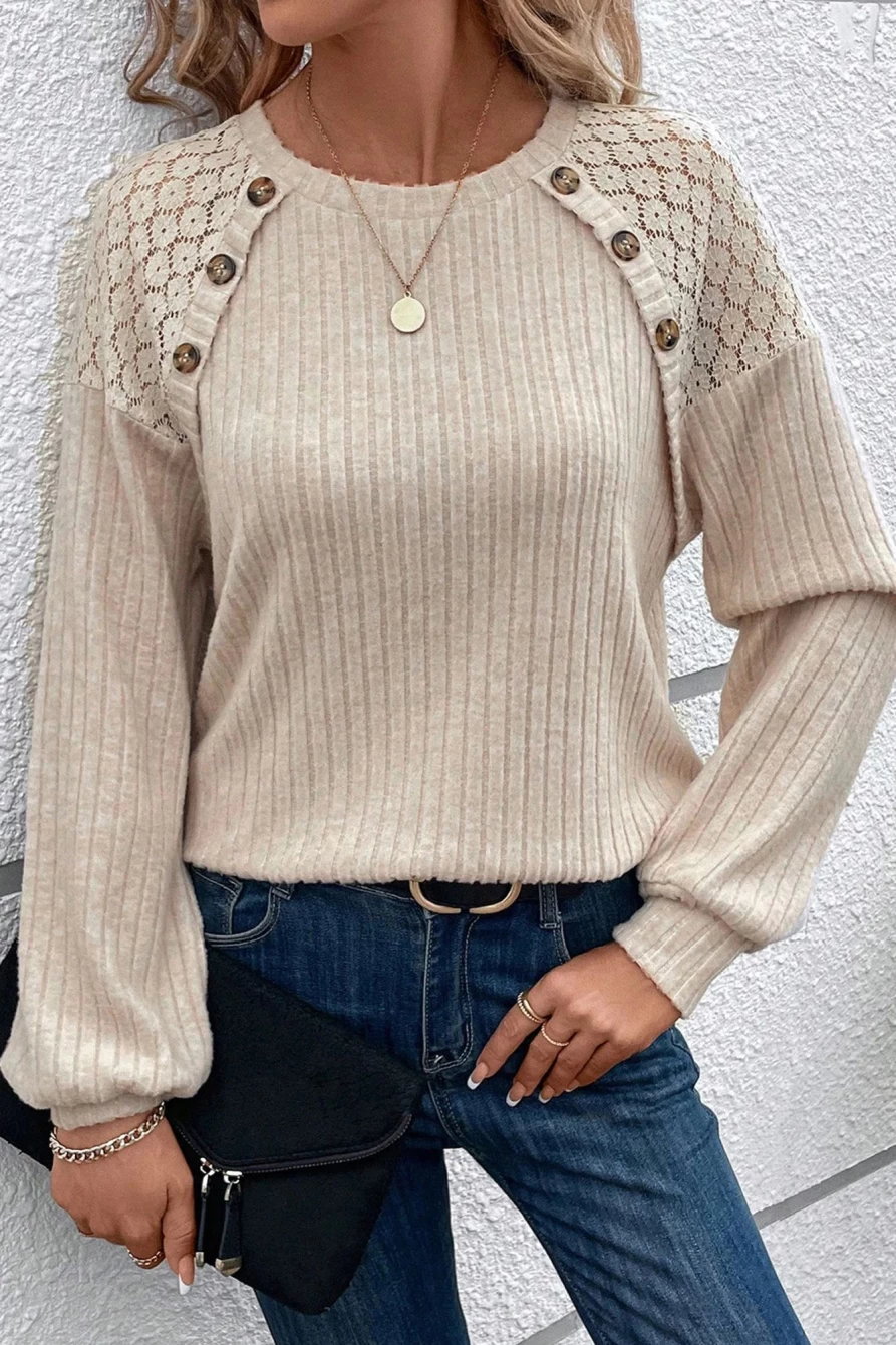 Shewin Women's Parchment Contrast Lace Raglan Sleeve Buttoned Ribbed Top