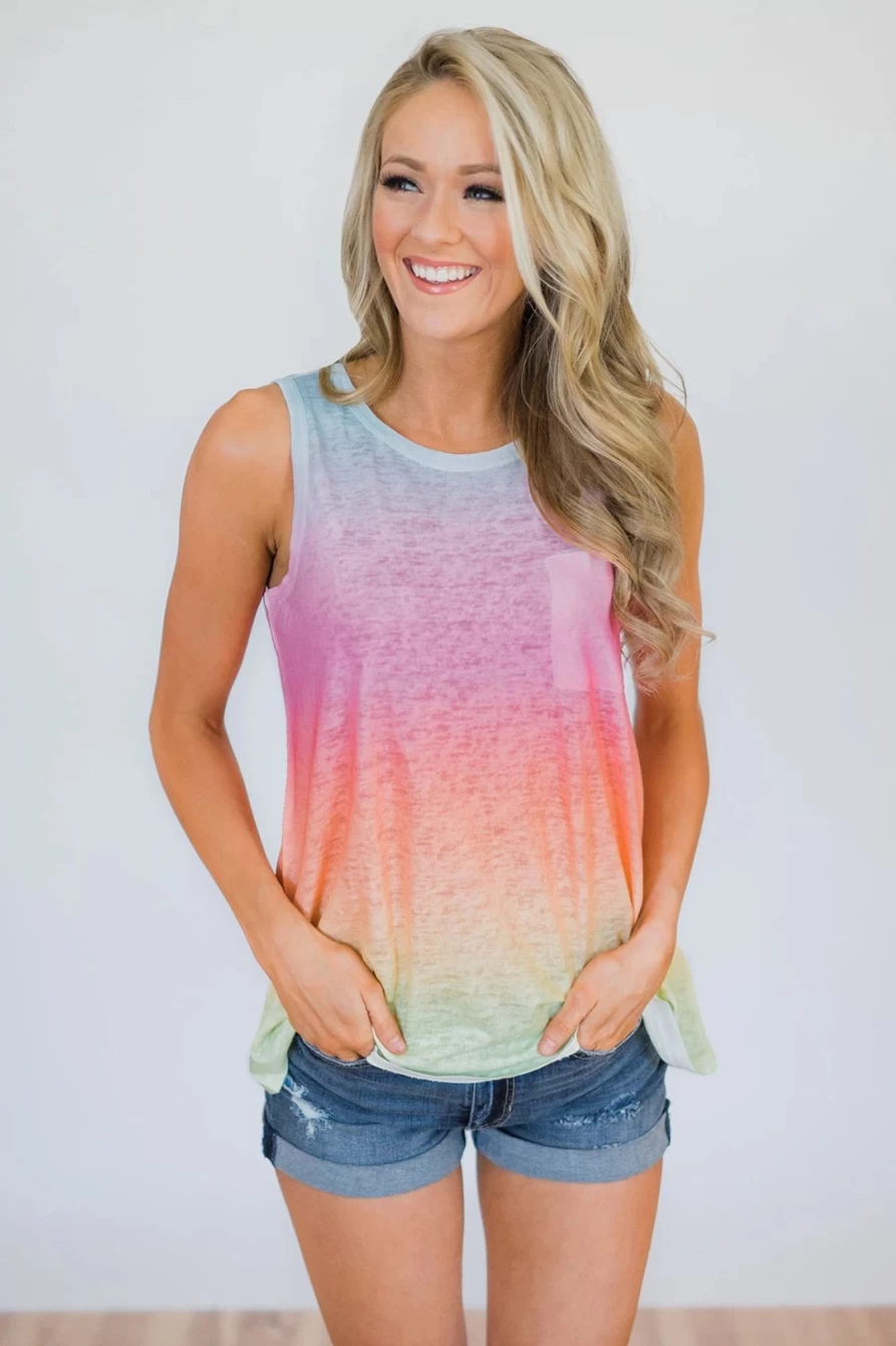 Shewin Women's Multicolor Tie Dye Sleeveless Tank Top with Front Pocket