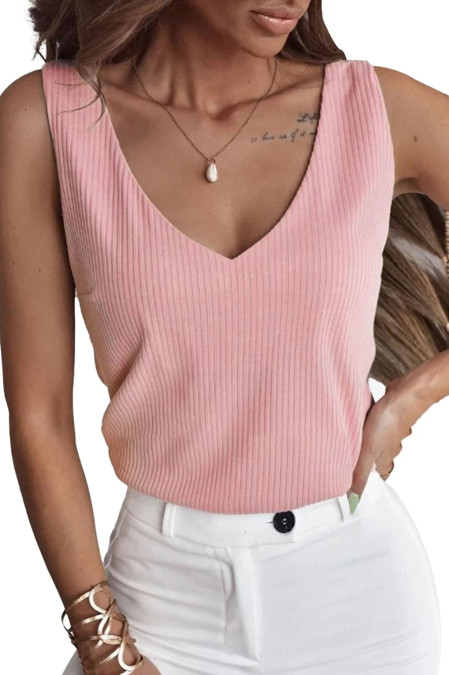 Shewin Women's Light Pink V Neck Ribbed Textured Tank Top