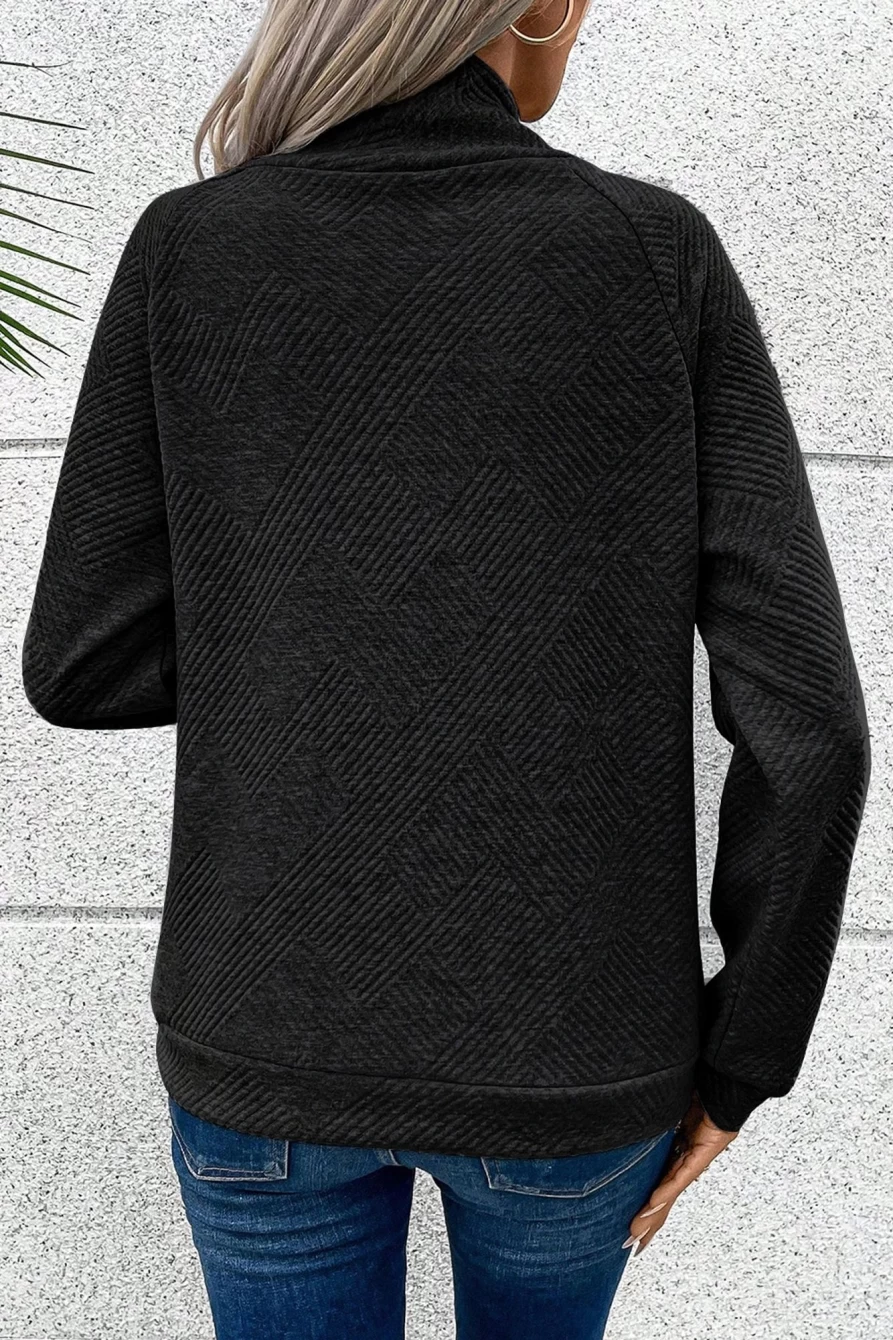 Shewin Women's Black Solid Color Textured Sweatshirt with Button Detail