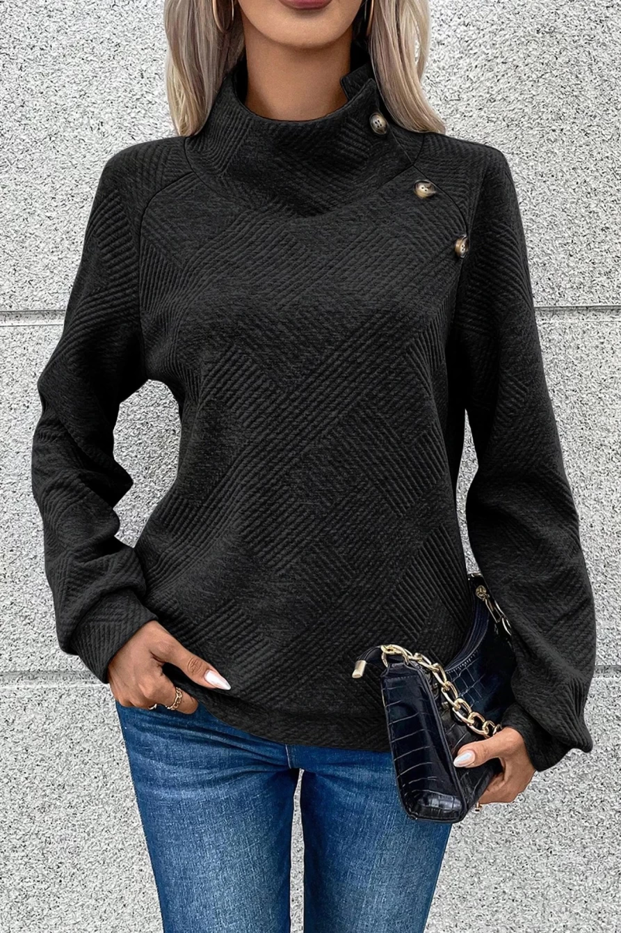 Shewin Women's Black Solid Color Textured Sweatshirt with Button Detail