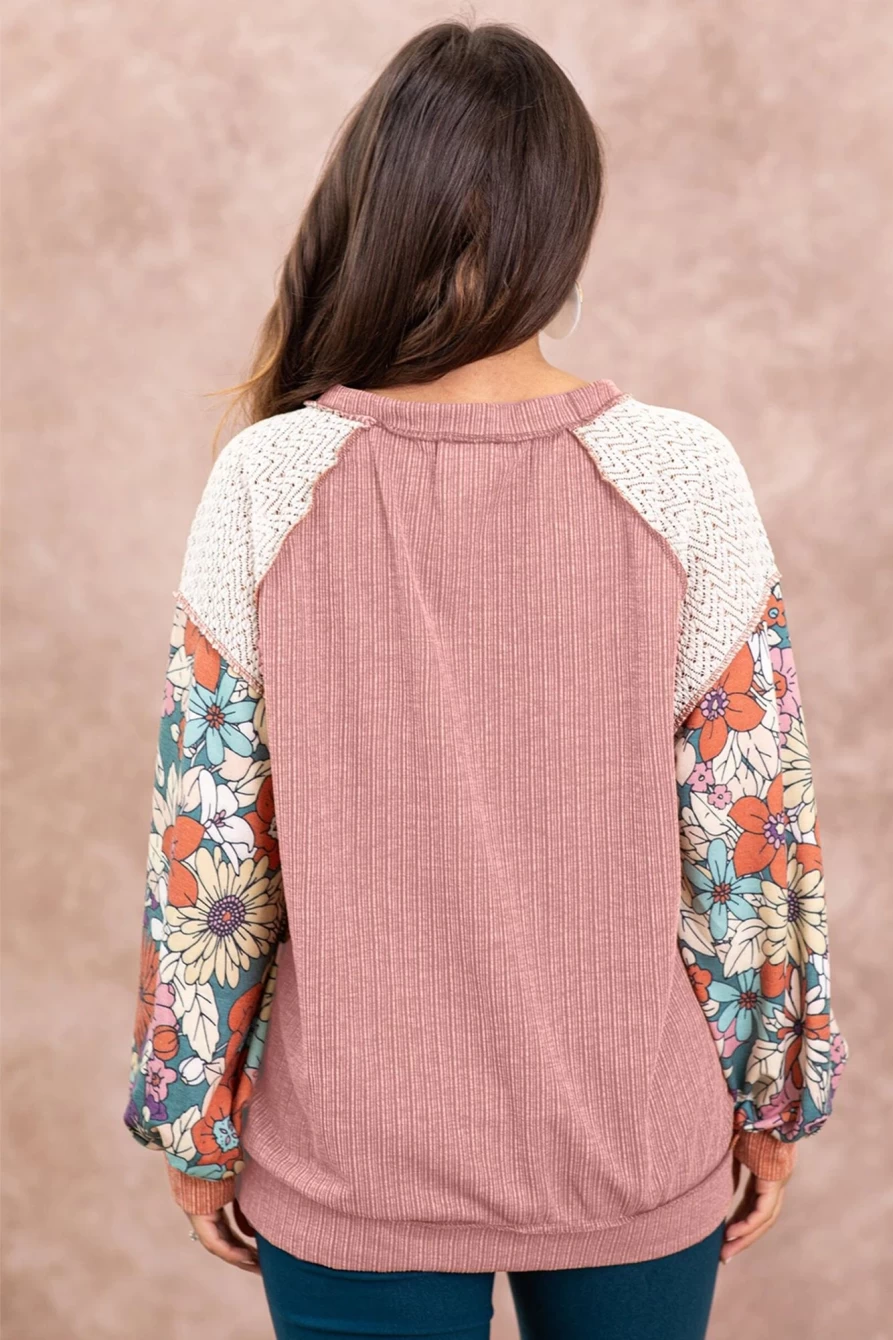 Shewin Women's Rose Pink Floral Patchwork Puff Sleeve Exposed Seam Blouse