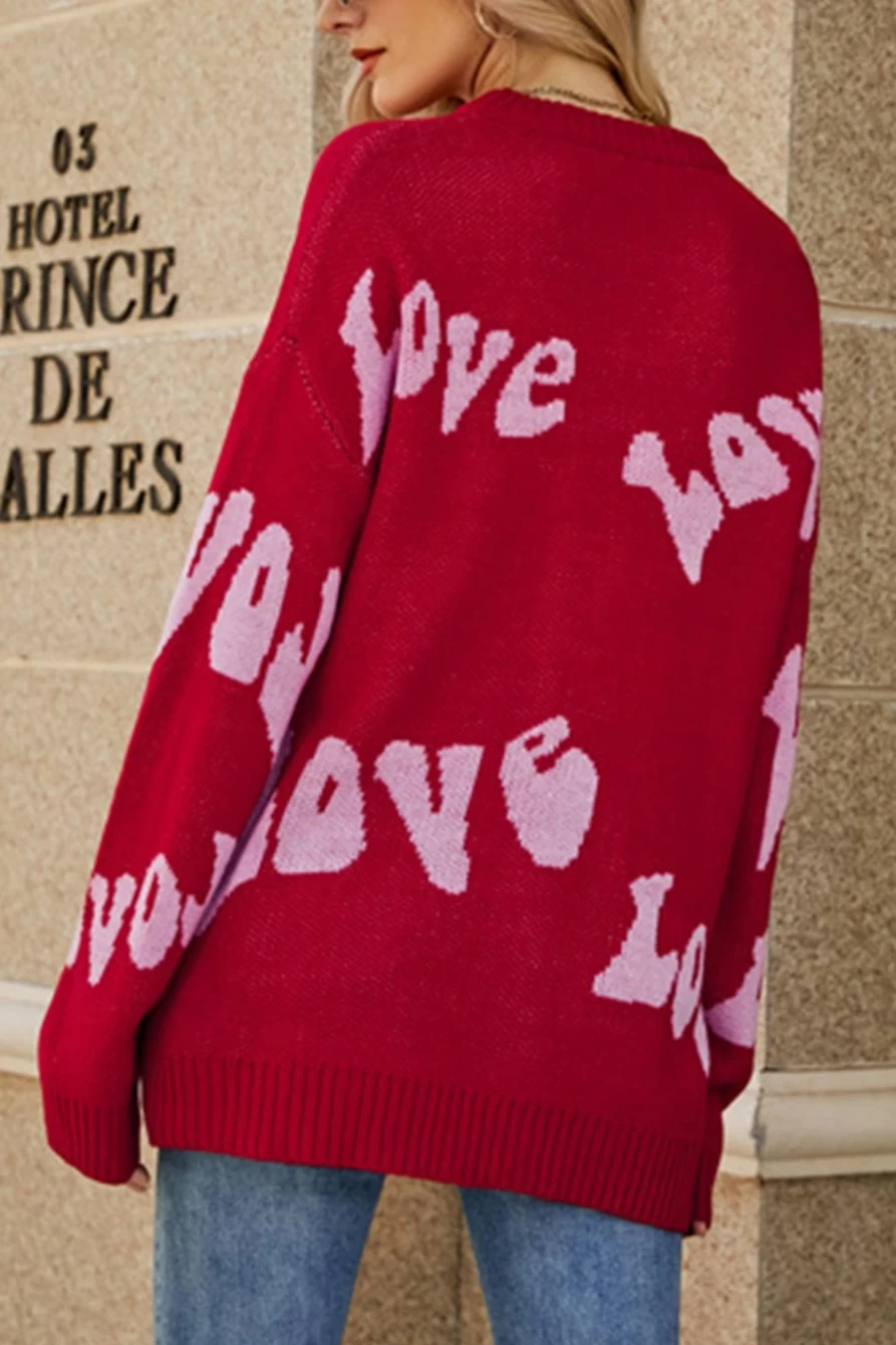 Shewin Women's Racing Red Slouchy Drop Sleeve Valentine Love Sweater
