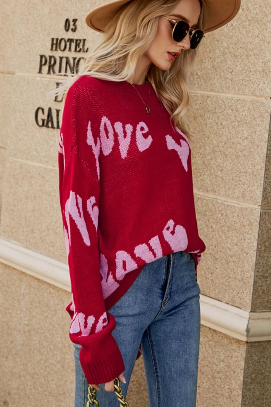 Shewin Women's Racing Red Slouchy Drop Sleeve Valentine Love Sweater
