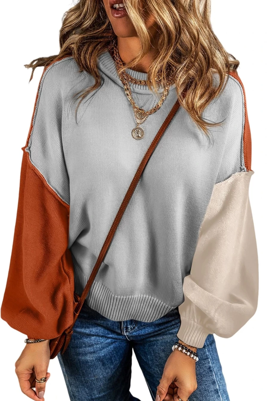 Shewin Women's Gray Colorblock Ribbed Sweater with Bishop Sleeves & Exposed Seams