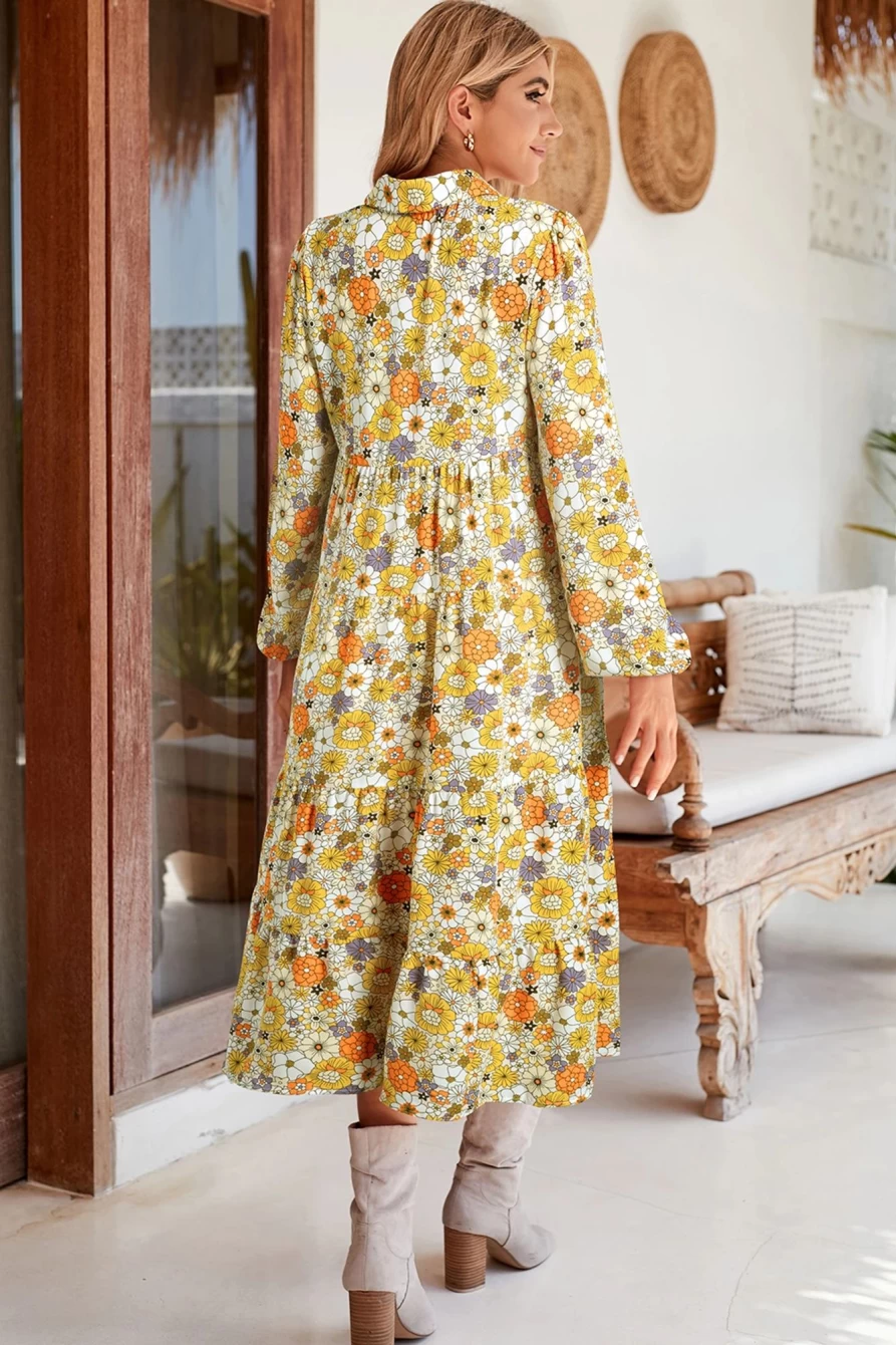 Shewin Women's Yellow Boho Floral Collared Long Sleeve Dress