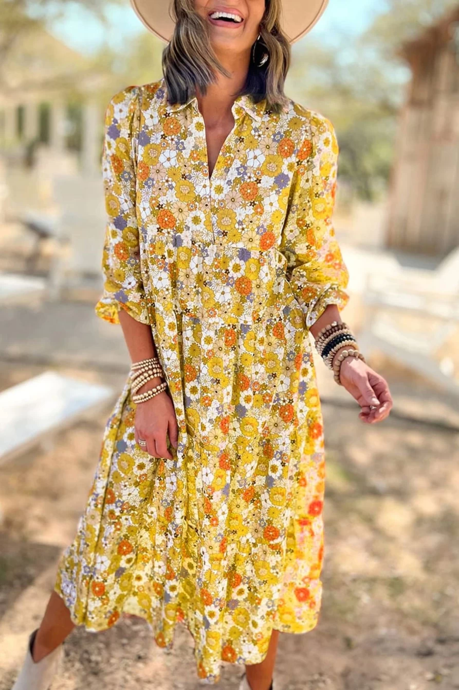 Shewin Women's Yellow Boho Floral Collared Long Sleeve Dress