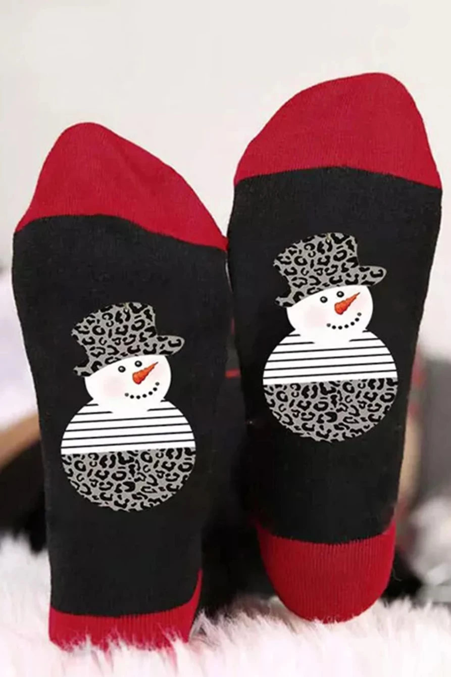 Shewin Women's Black Christmas Snowman Color Block Crew Socks Holiday Novelty Socks