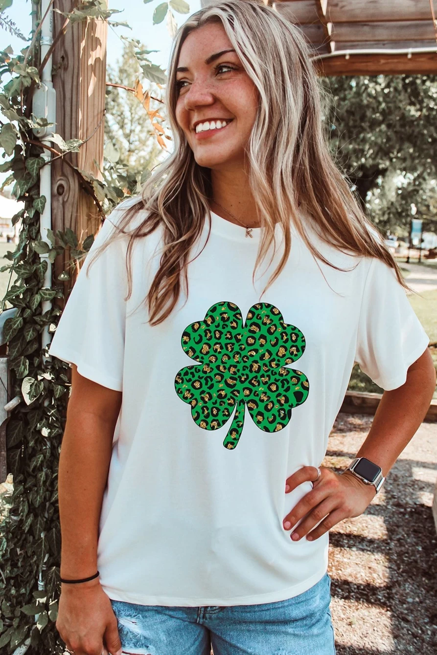 "Shewin Women's White Leopard & Four Leaf Clover Graphic Round Neck T-Shirt"