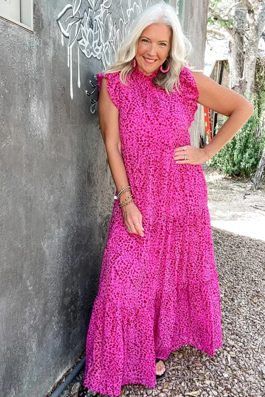 "SheWin Women's Rose Red Leopard Print Ruffle Sleeveless Maxi Dress"