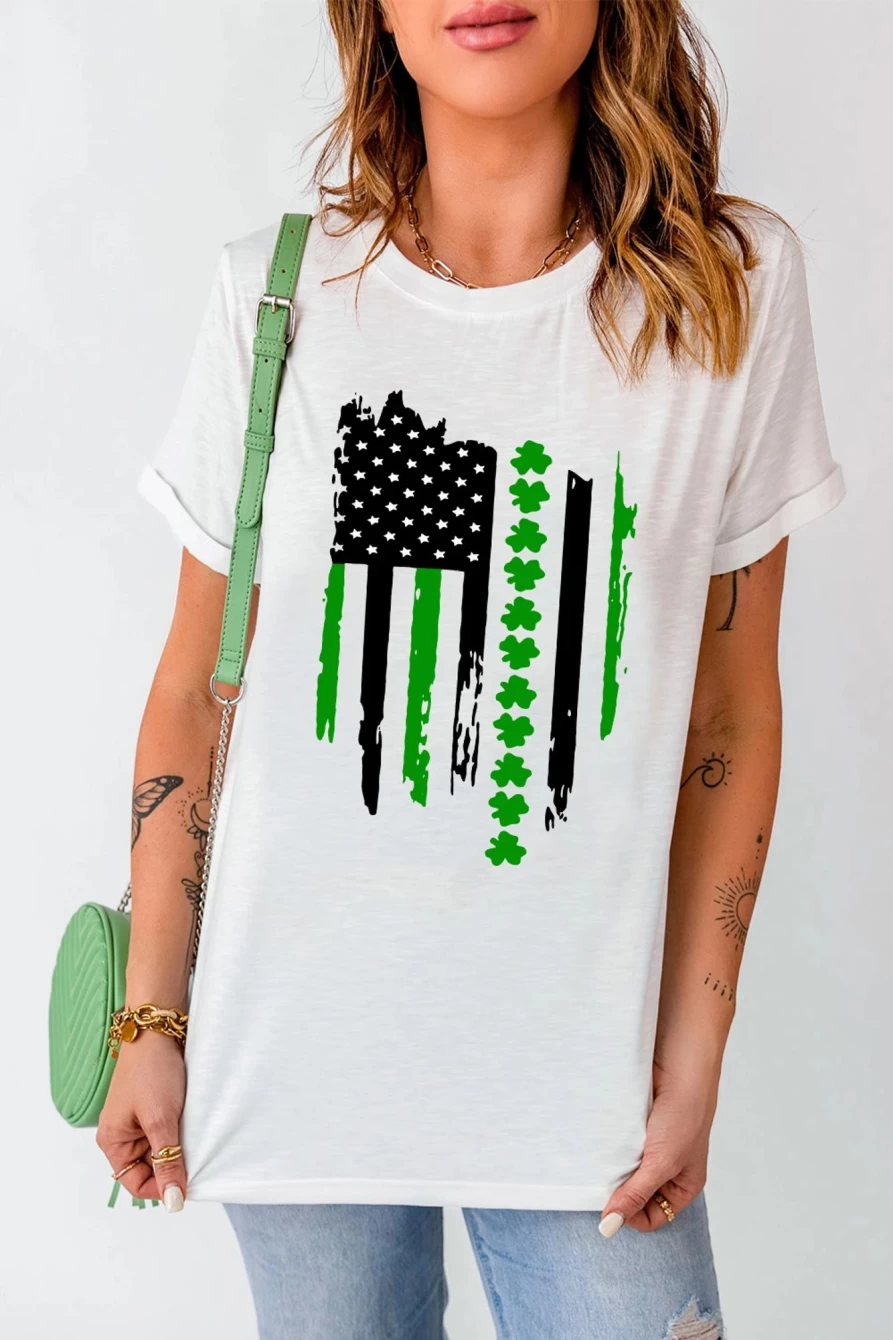 Shewin Women's White St. Patrick's Day Clover & American Flag Graphic Crewneck Tee