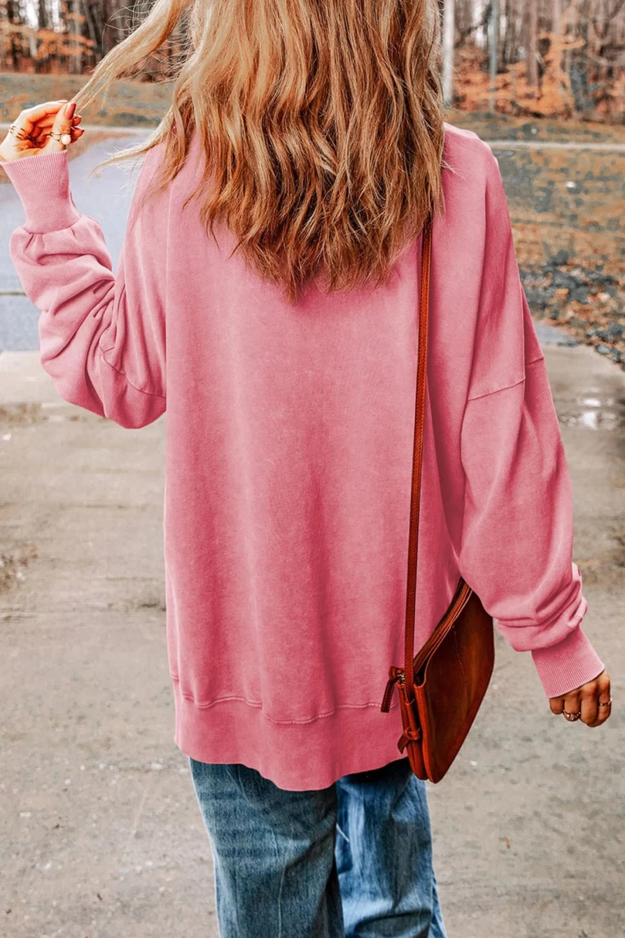 Women's Pink Sequined Santa Graphic Split Hem Sweatshirt - Shewin