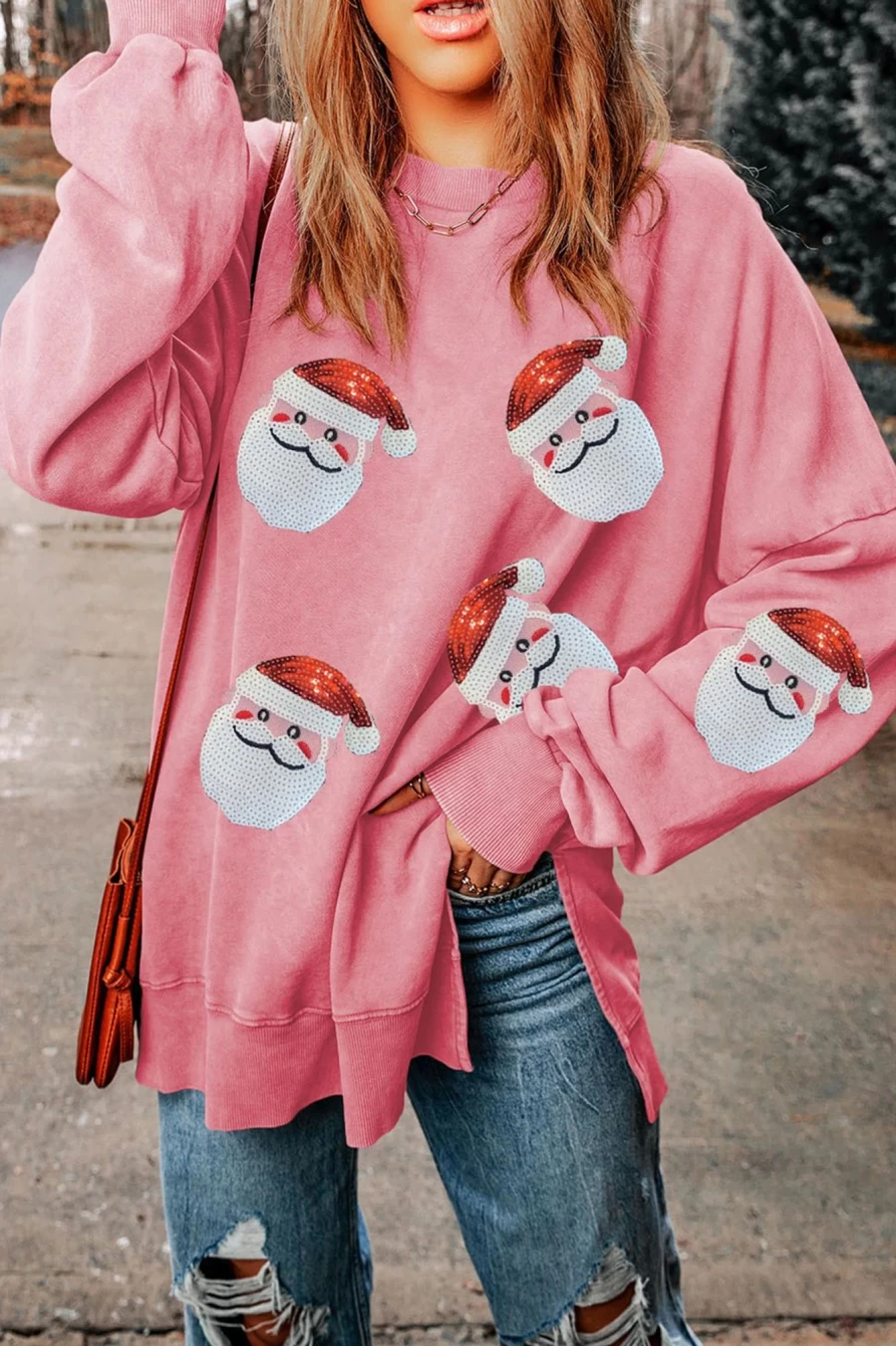 Women's Pink Sequined Santa Graphic Split Hem Sweatshirt - Shewin
