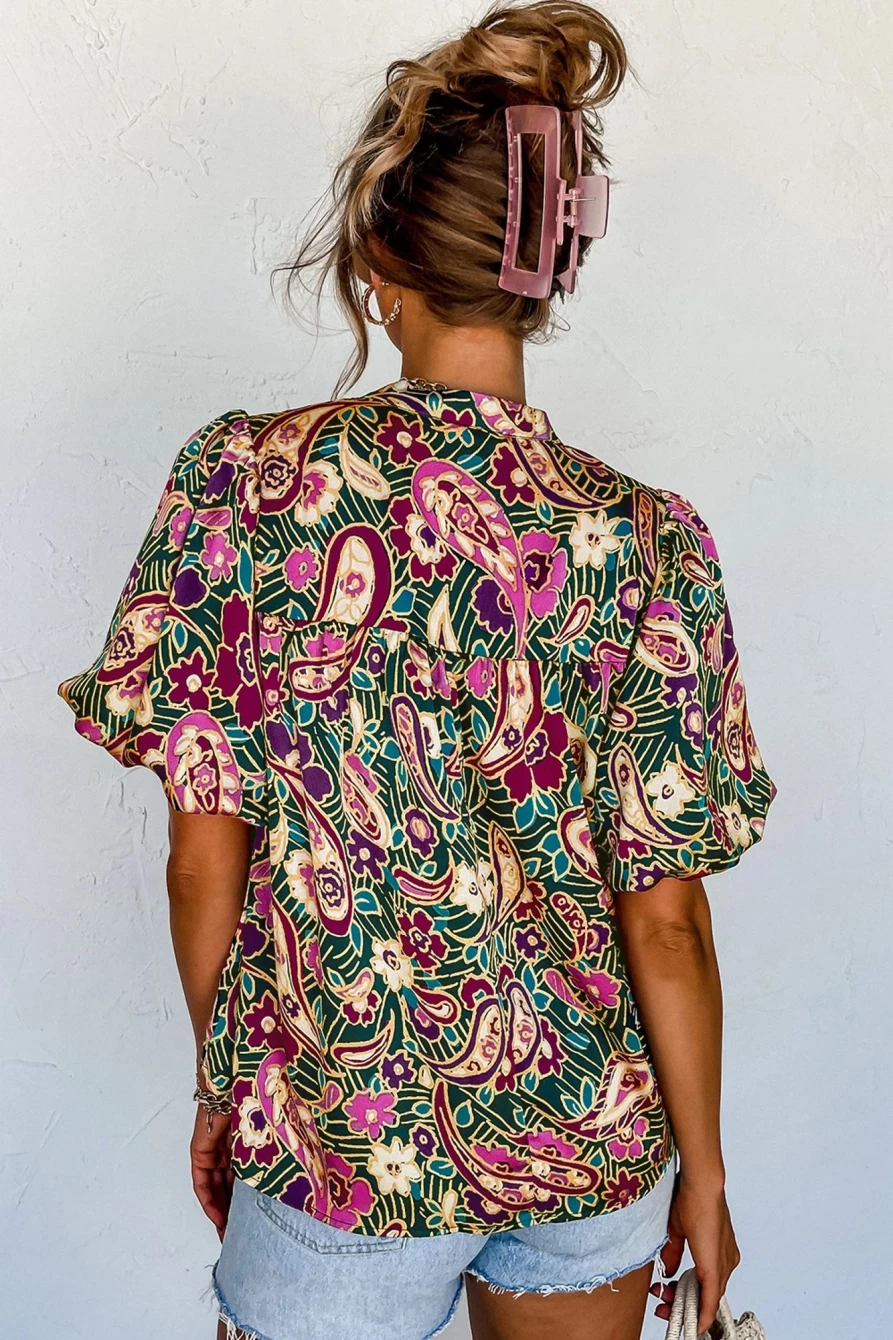 Shewin Women's Green Paisley Floral Print V-Neck Puff Sleeve Blouse