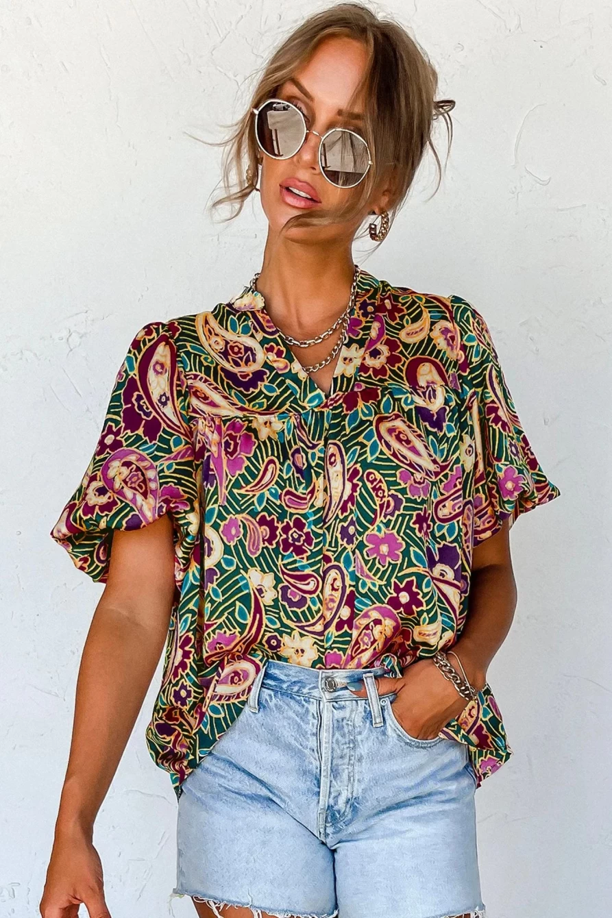 Shewin Women's Green Paisley Floral Print V-Neck Puff Sleeve Blouse