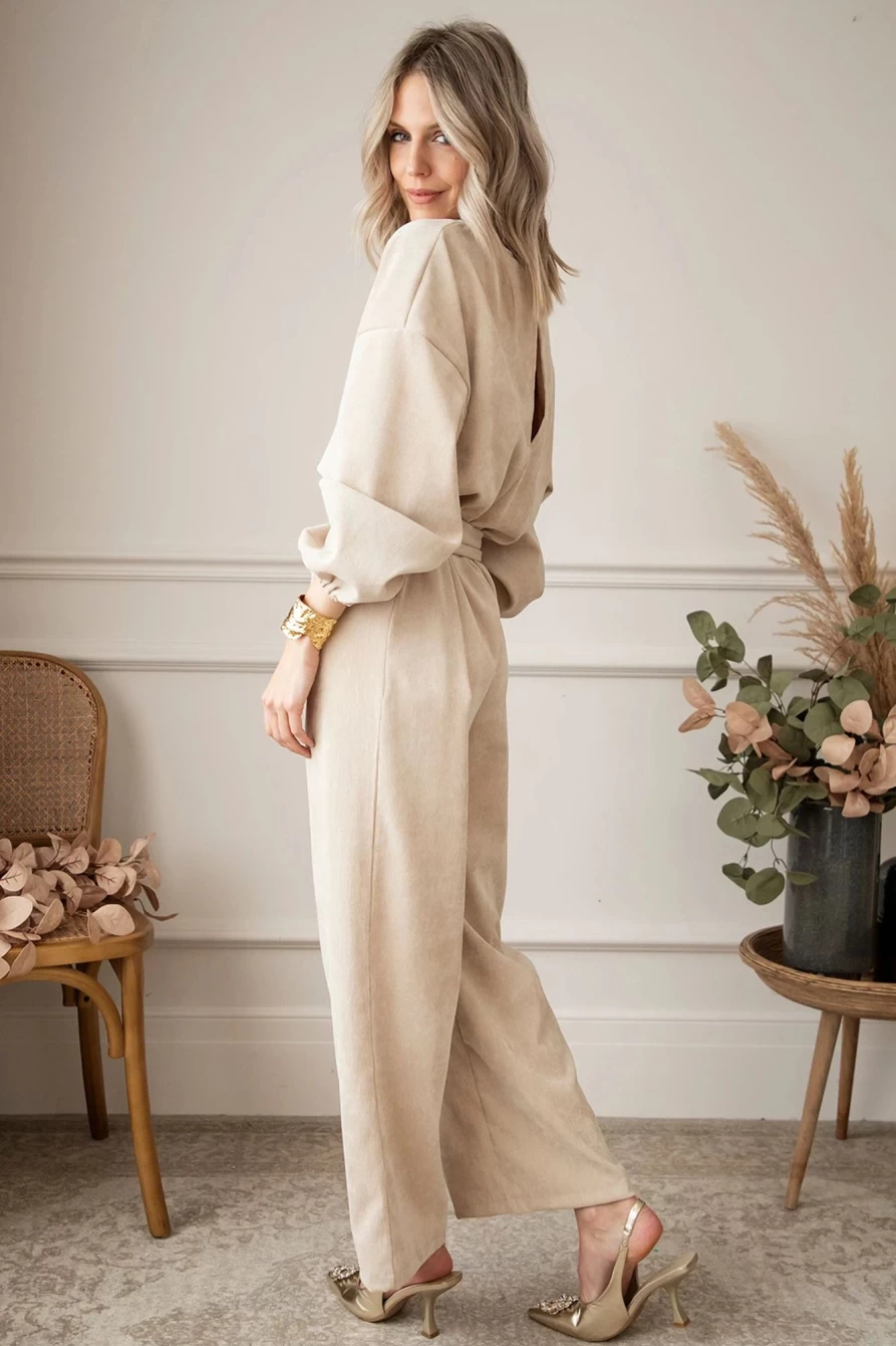 Shewin Women's Apricot Keyhole Back V-Neck Tie Waist Loose Jumpsuit
