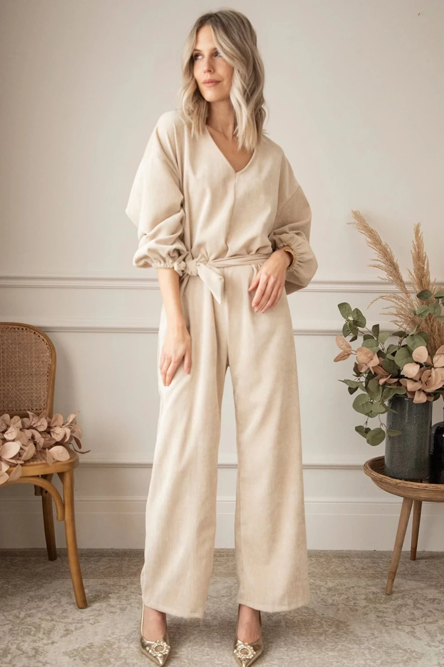 Shewin Women's Apricot Keyhole Back V-Neck Tie Waist Loose Jumpsuit