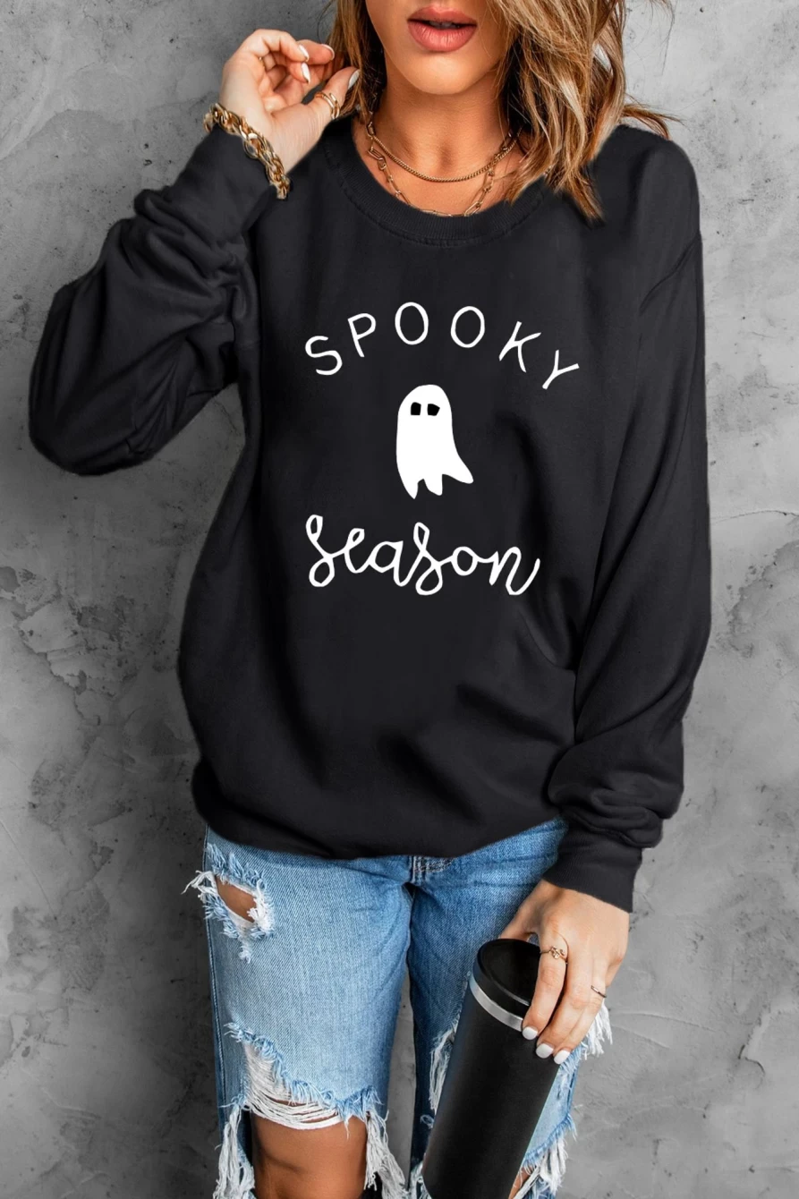 "Women's Black Spooky Ghost Graphic Sweatshirt - Shewin Halloween Pullover"