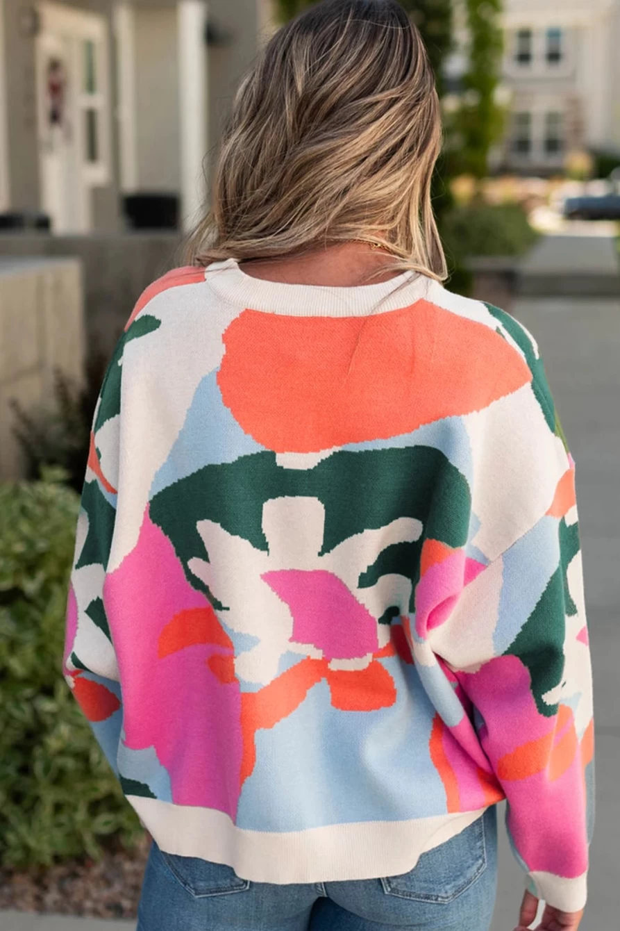 Shewin Women's Multicolour Floral Print Plus Size Drop Shoulder Sweater