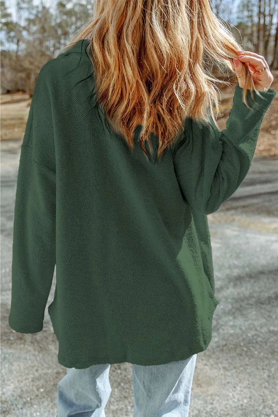 Women's Green Textured Button-Up Shacket with Flap Pockets by Shewin